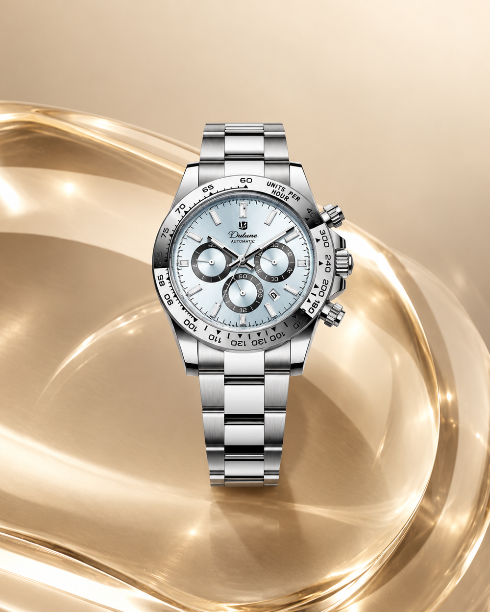Maison Dulune Automatic Bracelet silver watch in a beige sculptural glass scene.