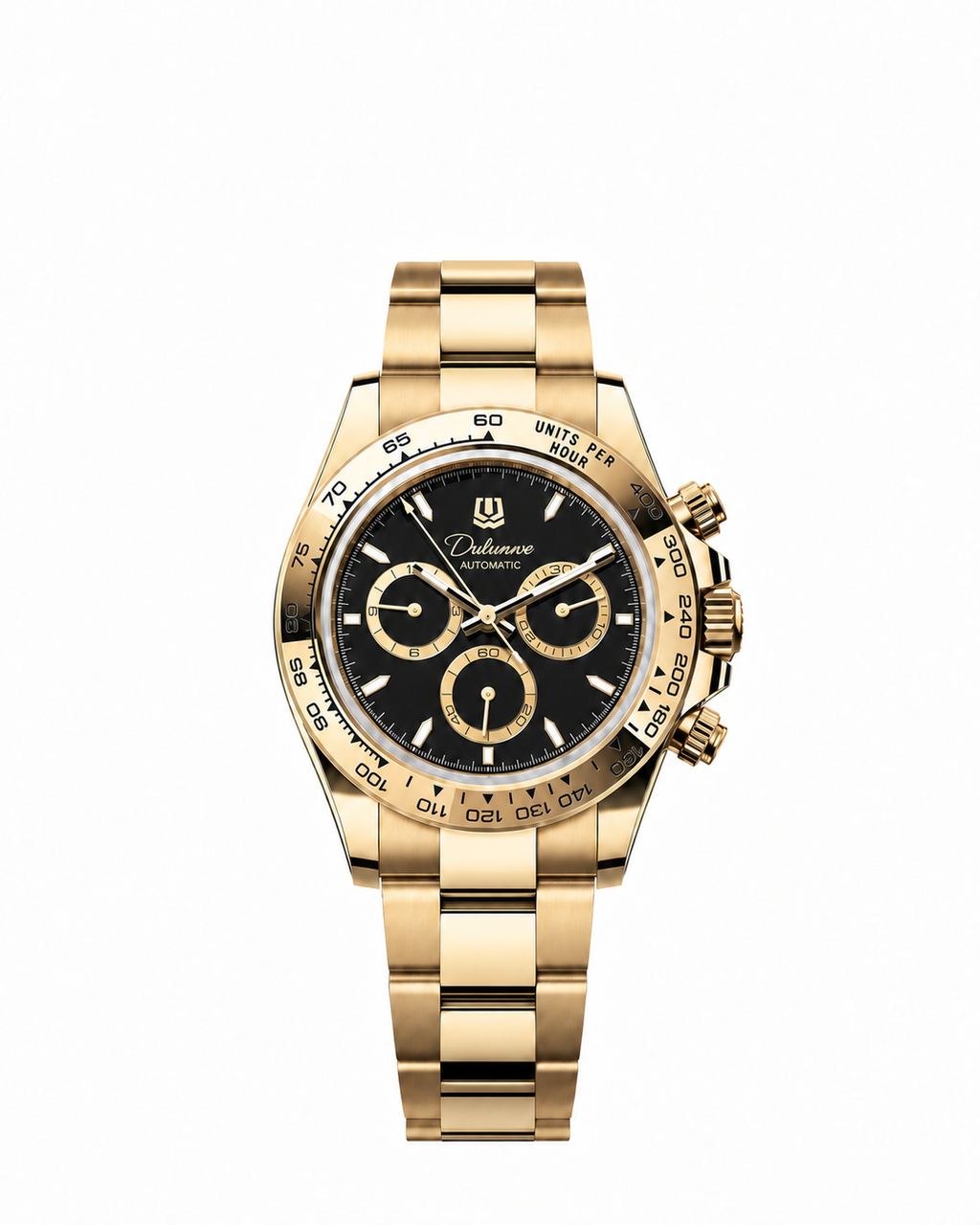 Case-study concept — Automatic Bracelet — Gold-tone - Black Dial - Gold-tone Subdial Rings — Front. Not for sale.