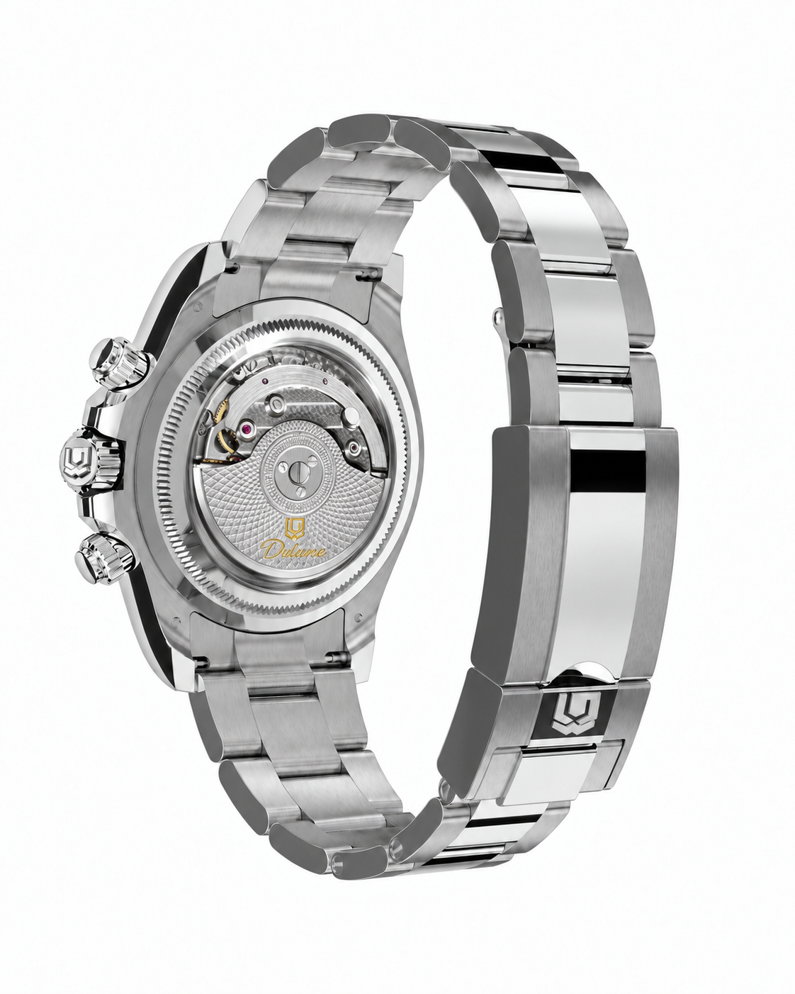 Case-study angle 3 — Automatic Bracelet — Silver-tone — Rear three-quarter. Not for sale. Illustrative exhibition movement.