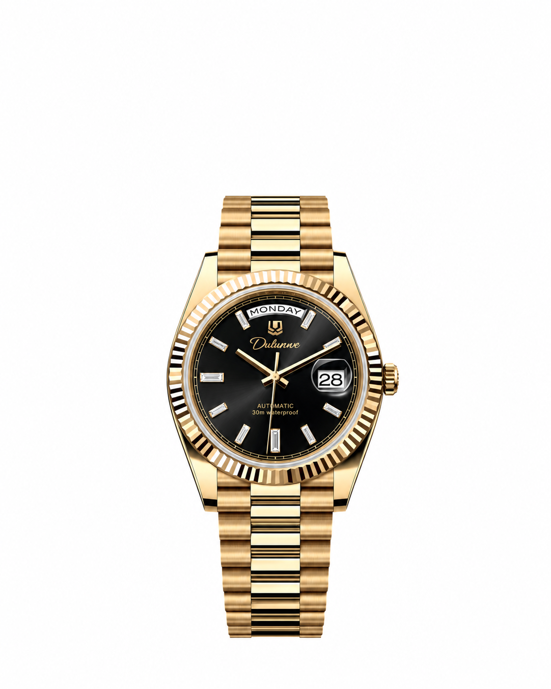 Case-study concept — Day & Date — Gold-tone - Black Dial - Baguette Markers — Front. Not for sale.