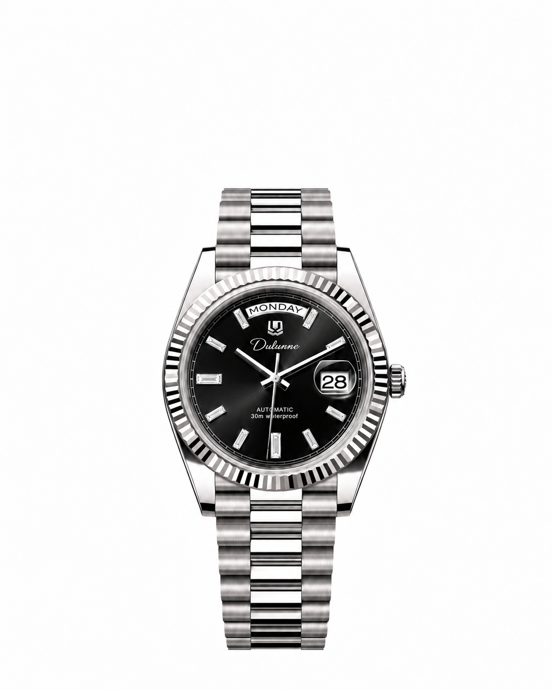 DAY DATE — Silver-tone - Black Dial - Baguette Markers
