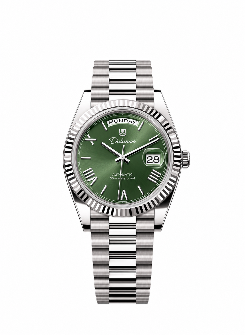 Case-study concept — Day & Date — Silver-tone - Green Dial - Roman Numerals — Front. Not for sale.