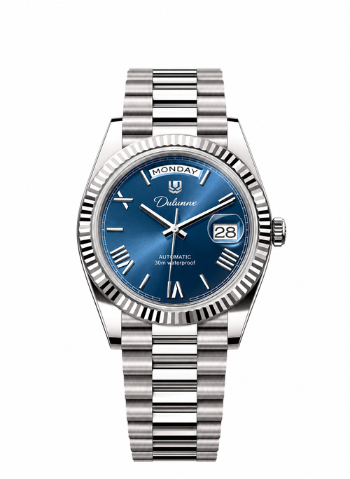 Case-study concept — Day & Date — Silver-tone - Blue Dial - Roman Numerals — Front. Not for sale.
