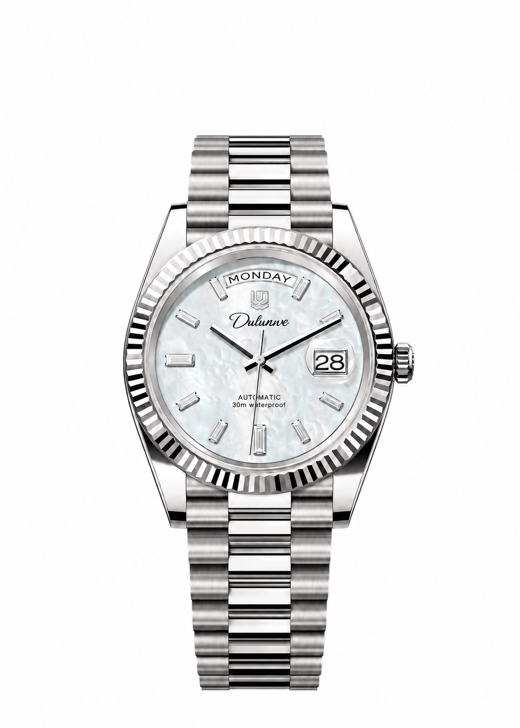 DAY DATE — Silver-tone - White Dial - Baguette Markers