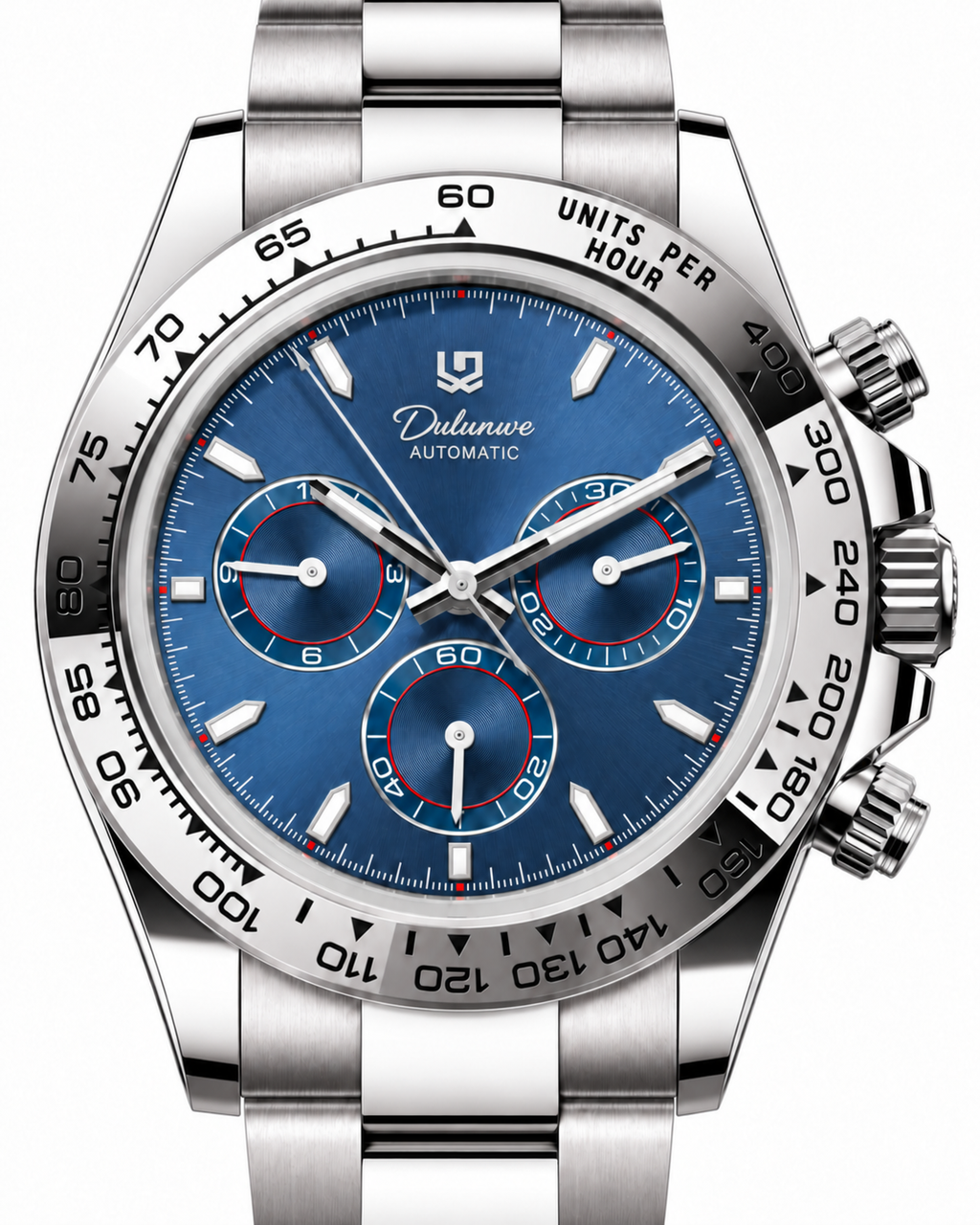 Case-study angle 2 — Automatic Bracelet — Silver-tone - Blue Dial — Dial detail. Not for sale.