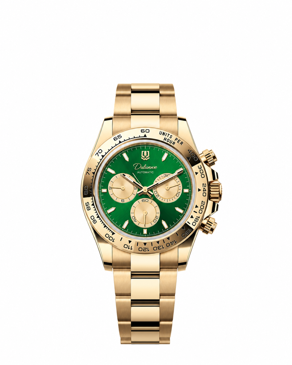 Case-study concept — Automatic Bracelet — Gold-tone - Green Dial - Gold-tone Subdials — Front. Not for sale.