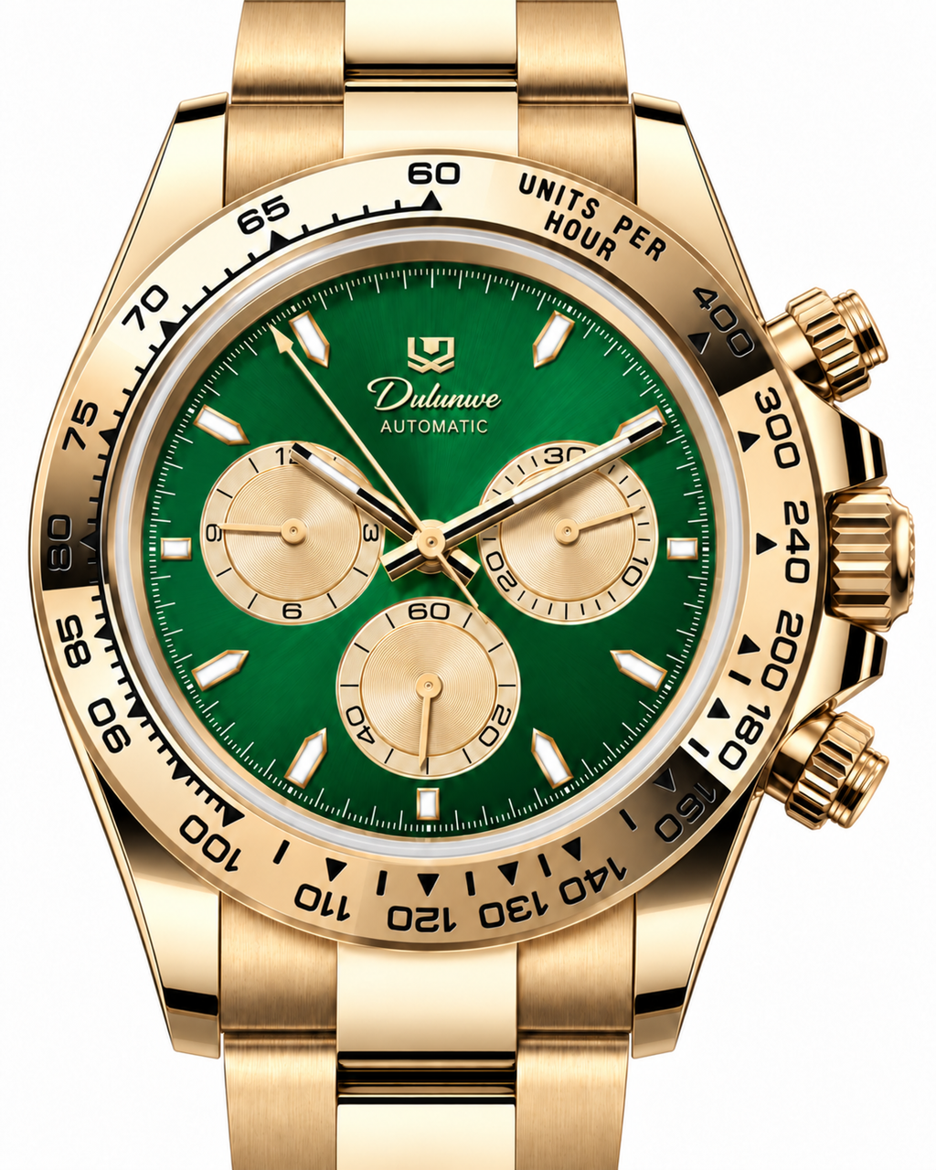 Case-study angle 2 — Automatic Bracelet — Gold-tone - Green Dial - Gold-tone Subdials — Dial detail. Not for sale.