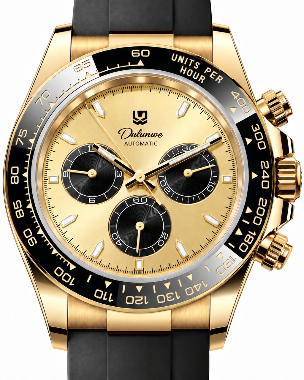 Case-study angle 2 — Automatic Rubber — Gold-tone Case - Gold-tone Dial - Black Subdials — Dial detail. Not for sale.