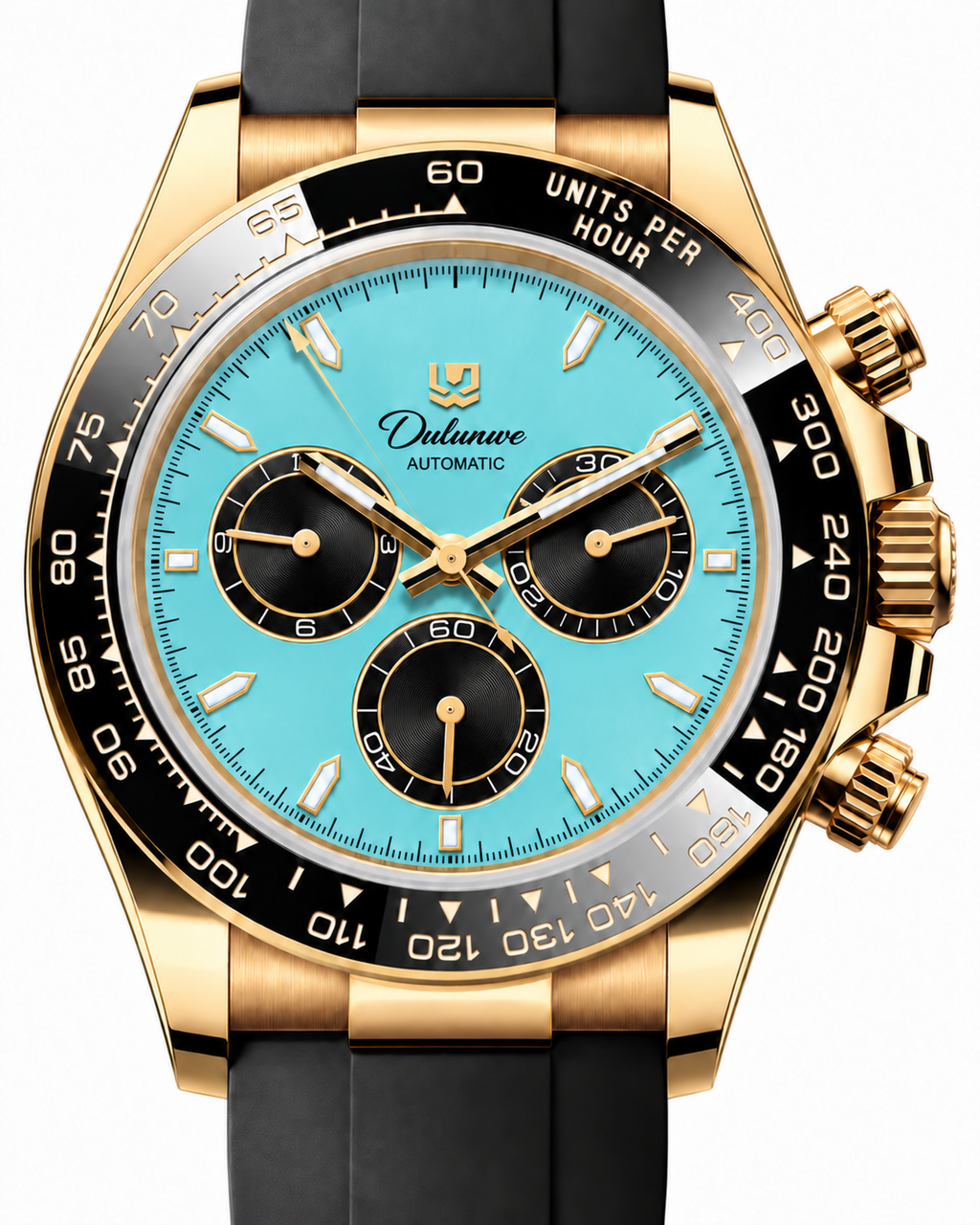 Case-study angle 2 — Automatic Rubber — Gold-tone Case - Turquoise Dial - Black Subdials — Dial detail. Not for sale.