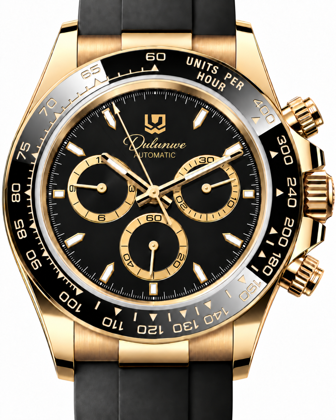 Case-study angle 2 — Automatic Rubber — Gold-tone - Black Dial - Gold-tone Rings — Dial detail. Not for sale.