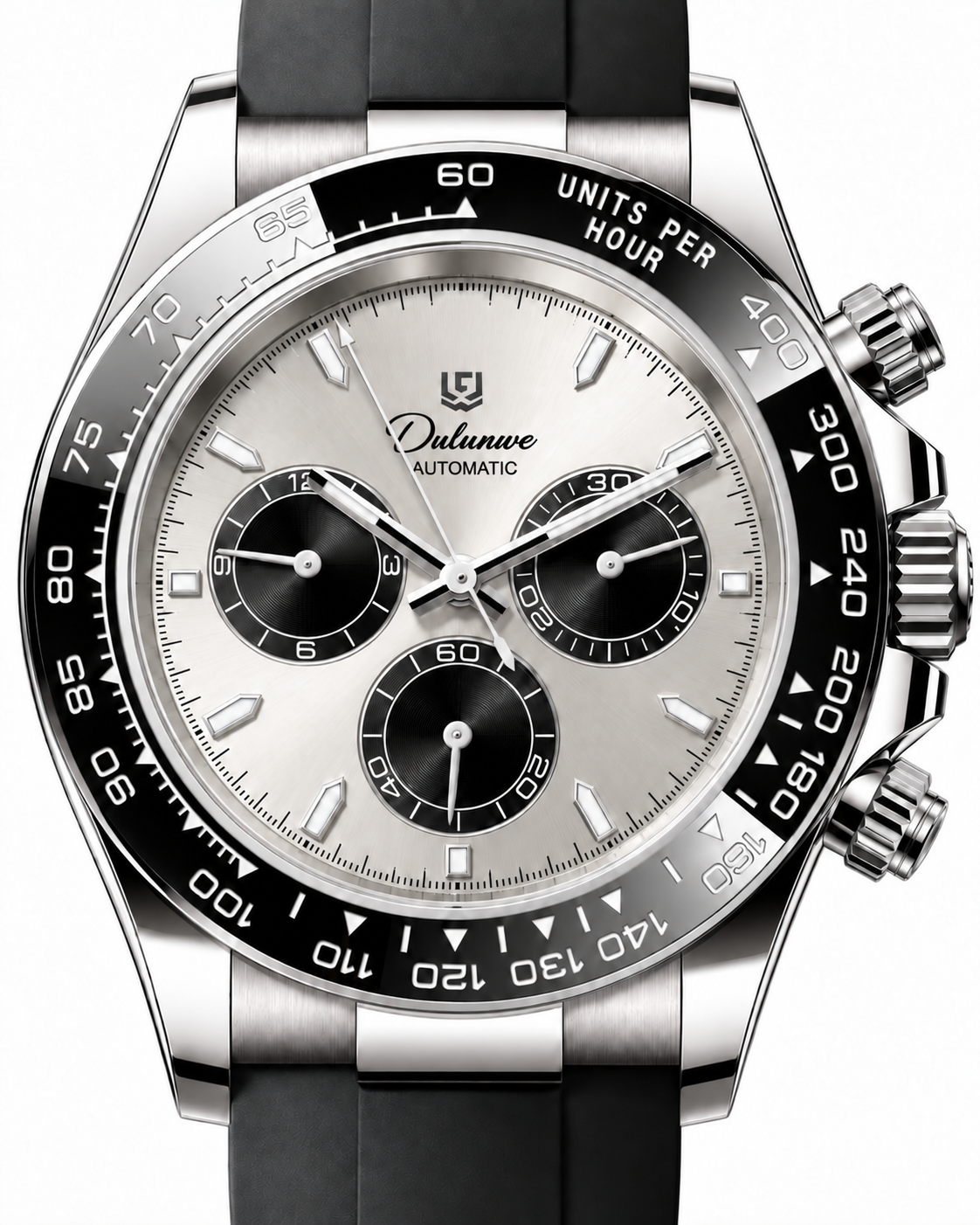 Case-study angle 2 — Automatic Rubber — Silver-tone Case - Silver-tone Dial - Black Subdials — Dial detail. Not for sale.