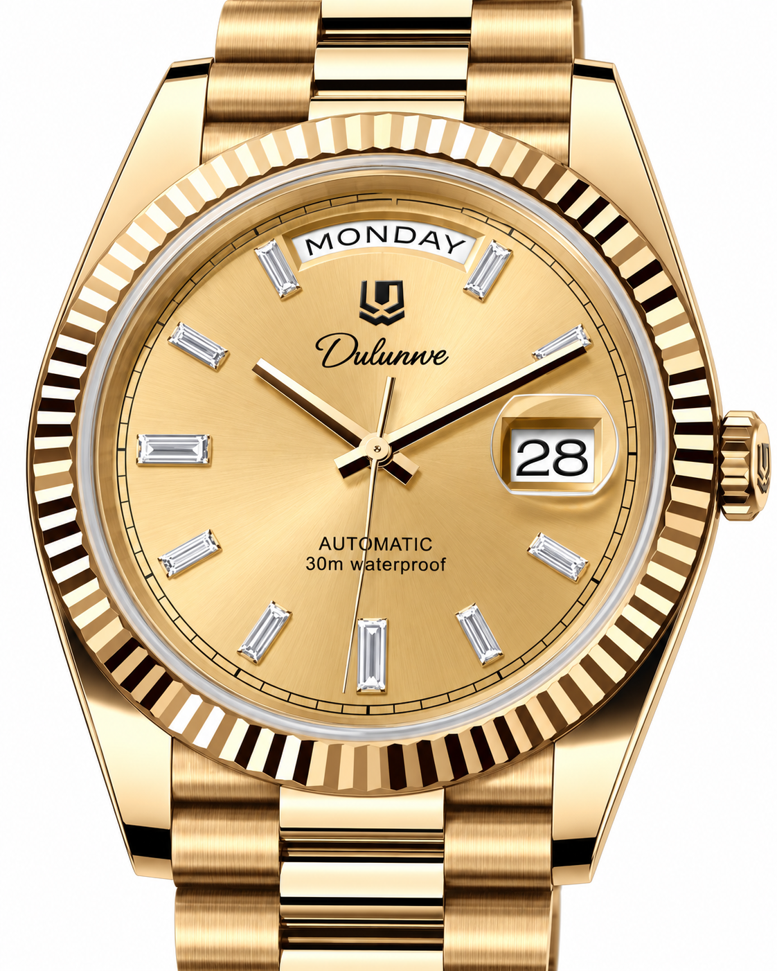 Case-study angle 2 — Day & Date — Gold-tone - Gold-tone Dial - Baguette Markers — Dial detail. Not for sale.