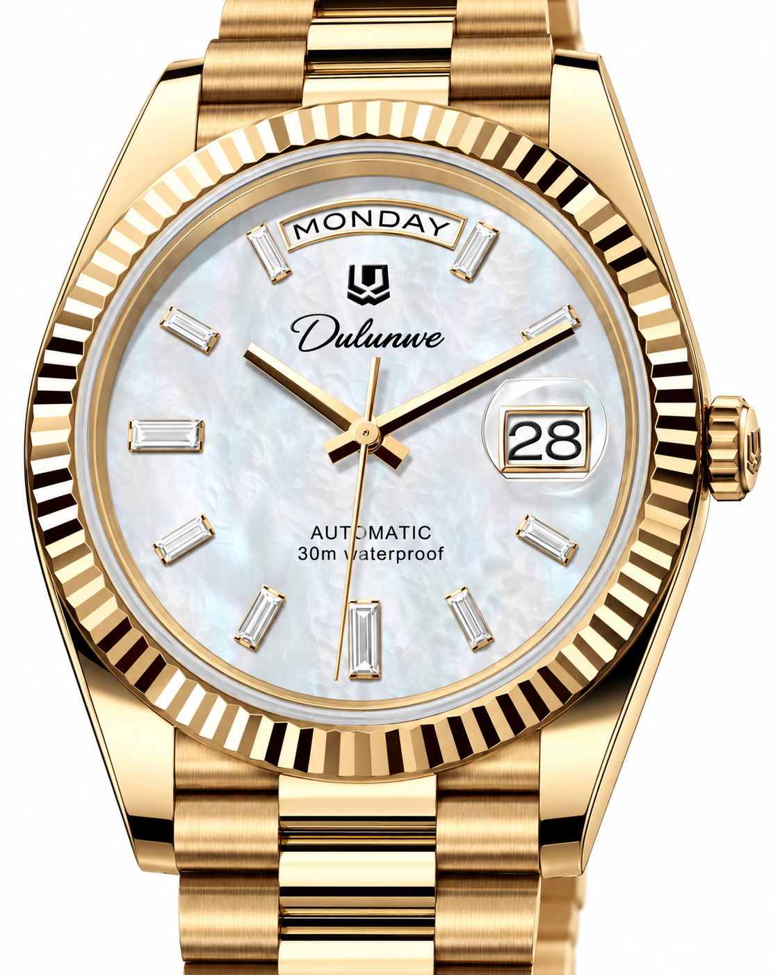 Case-study angle 2 — Day & Date — Gold-tone - White Dial - Baguette Markers — Dial detail. Not for sale.