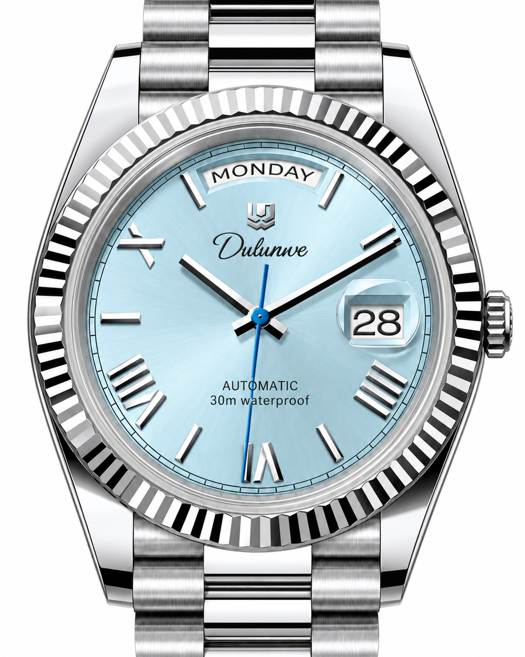 Case-study angle 2 — Day & Date — Silver-tone - Ice Blue Dial - Roman Numerals — Dial detail. Not for sale.