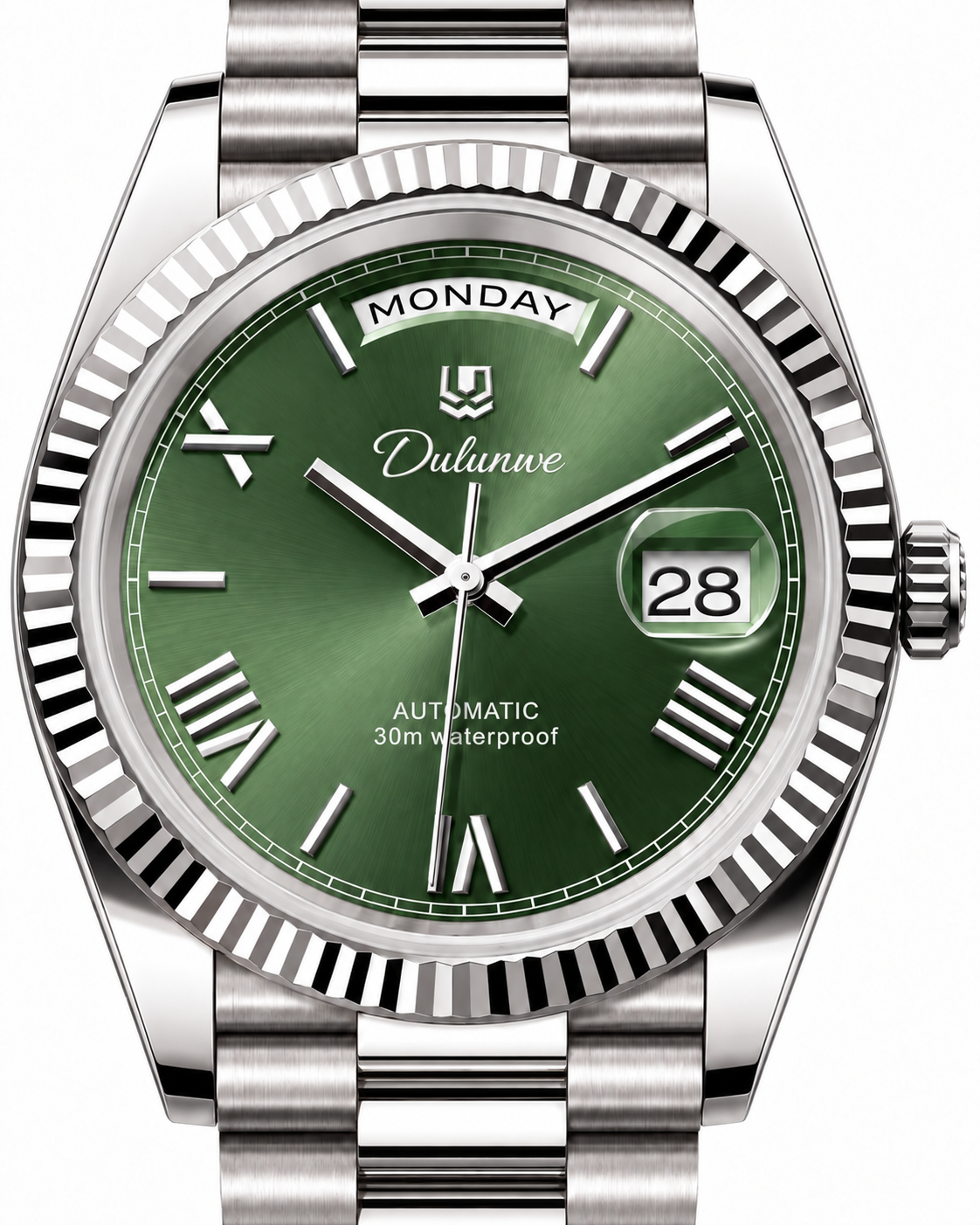 Case-study angle 2 — Day & Date — Silver-tone - Green Dial - Roman Numerals — Dial detail. Not for sale.