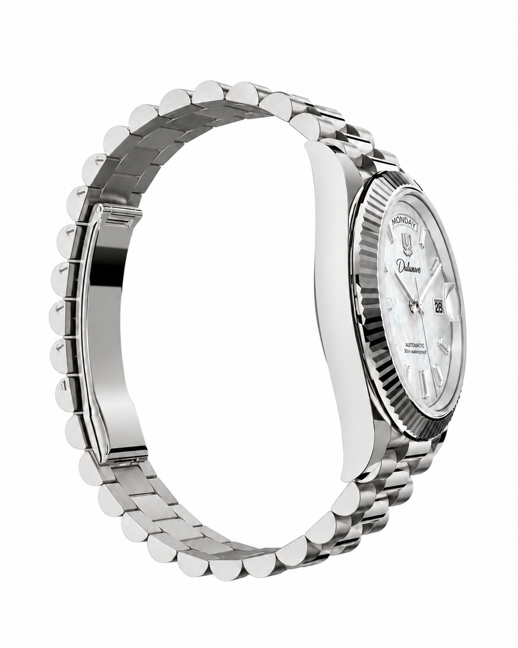 Case-study angle 4 — Day & Date — Non-crown-side three-quarter — Silver-tone. Not for sale.