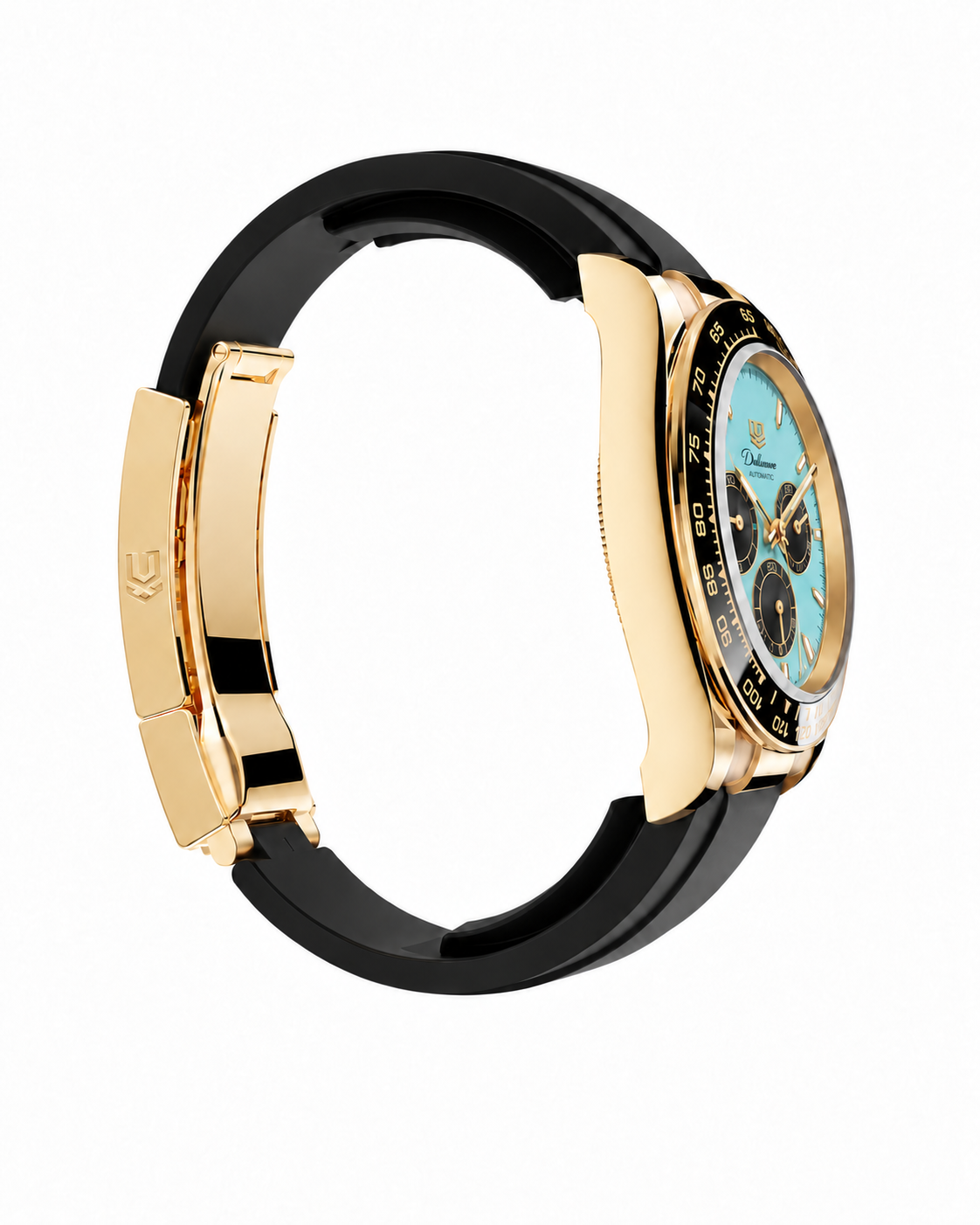 Case-study angle 4 — Automatic Rubber — Non-crown-side three-quarter — Gold-tone - Turquoise Dial. Not for sale.
