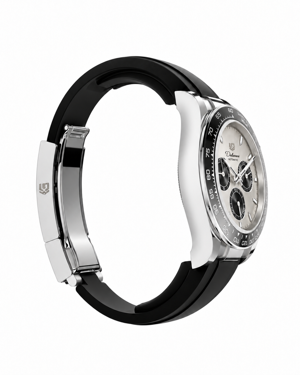 Case-study angle 4 — Automatic Rubber — Non-crown-side three-quarter — Silver-tone - Silver Dial. Not for sale.
