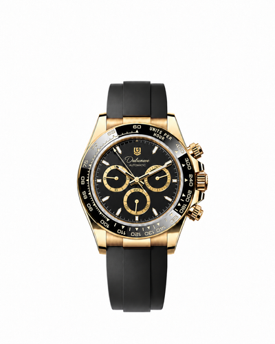 Rubber / Gold-tone - Black Dial - Gold-tone Subdial Rings