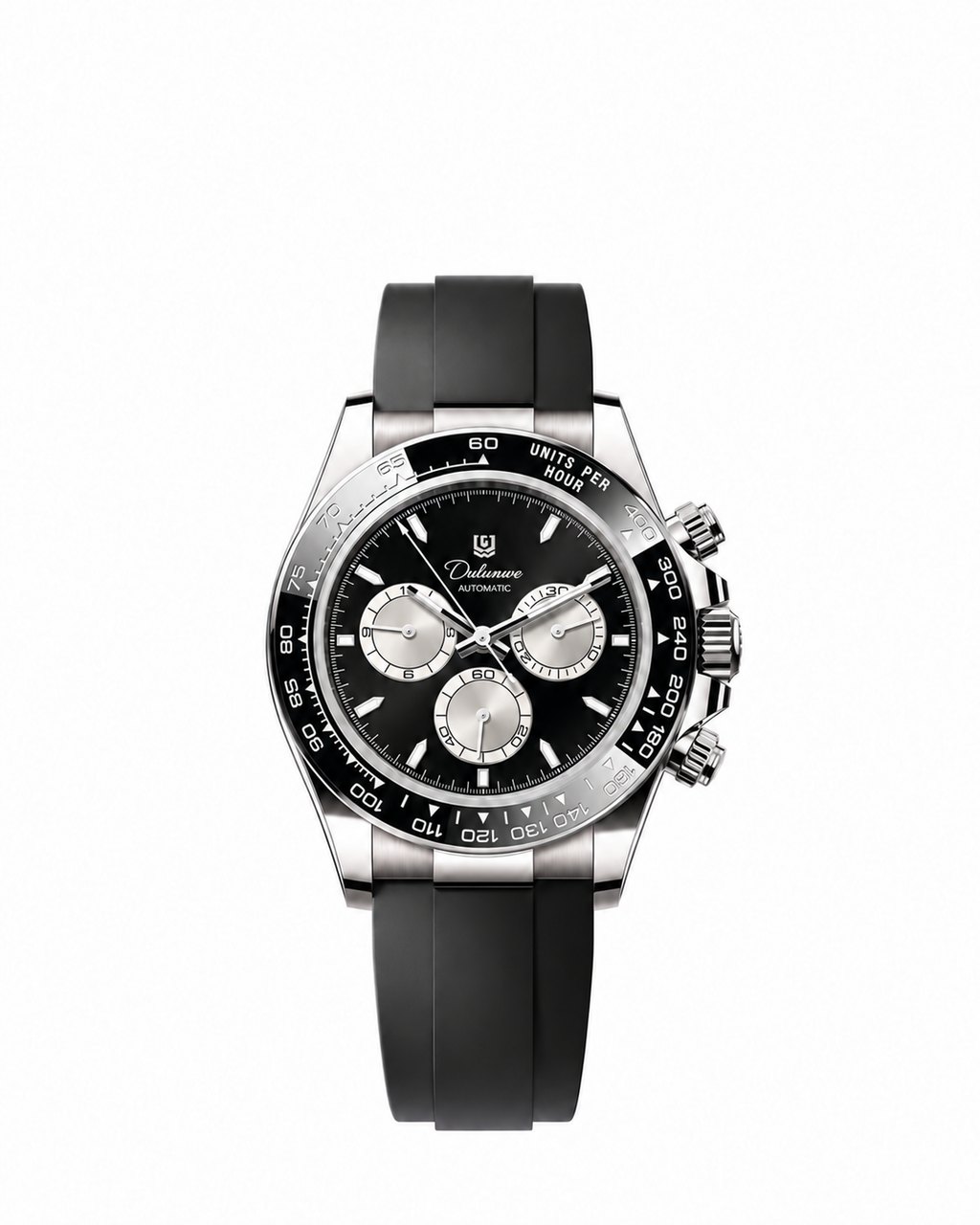 Case-study concept — Automatic Rubber — Silver-tone Case - Black Dial - Silver-tone Subdials — Front. Not for sale.