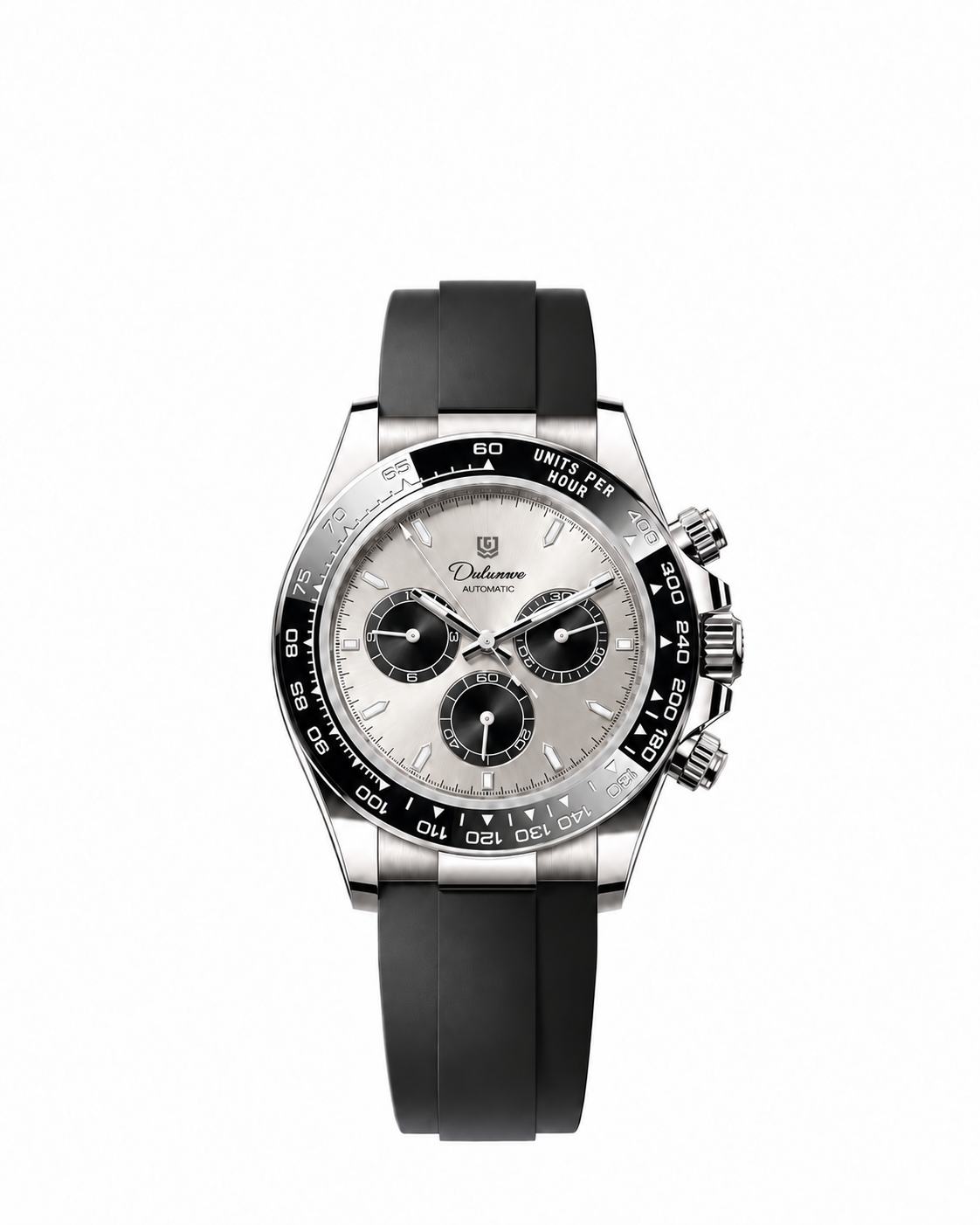 Case-study concept — Automatic Rubber — Silver-tone Case - Silver-tone Dial - Black Subdials — Front. Not for sale.