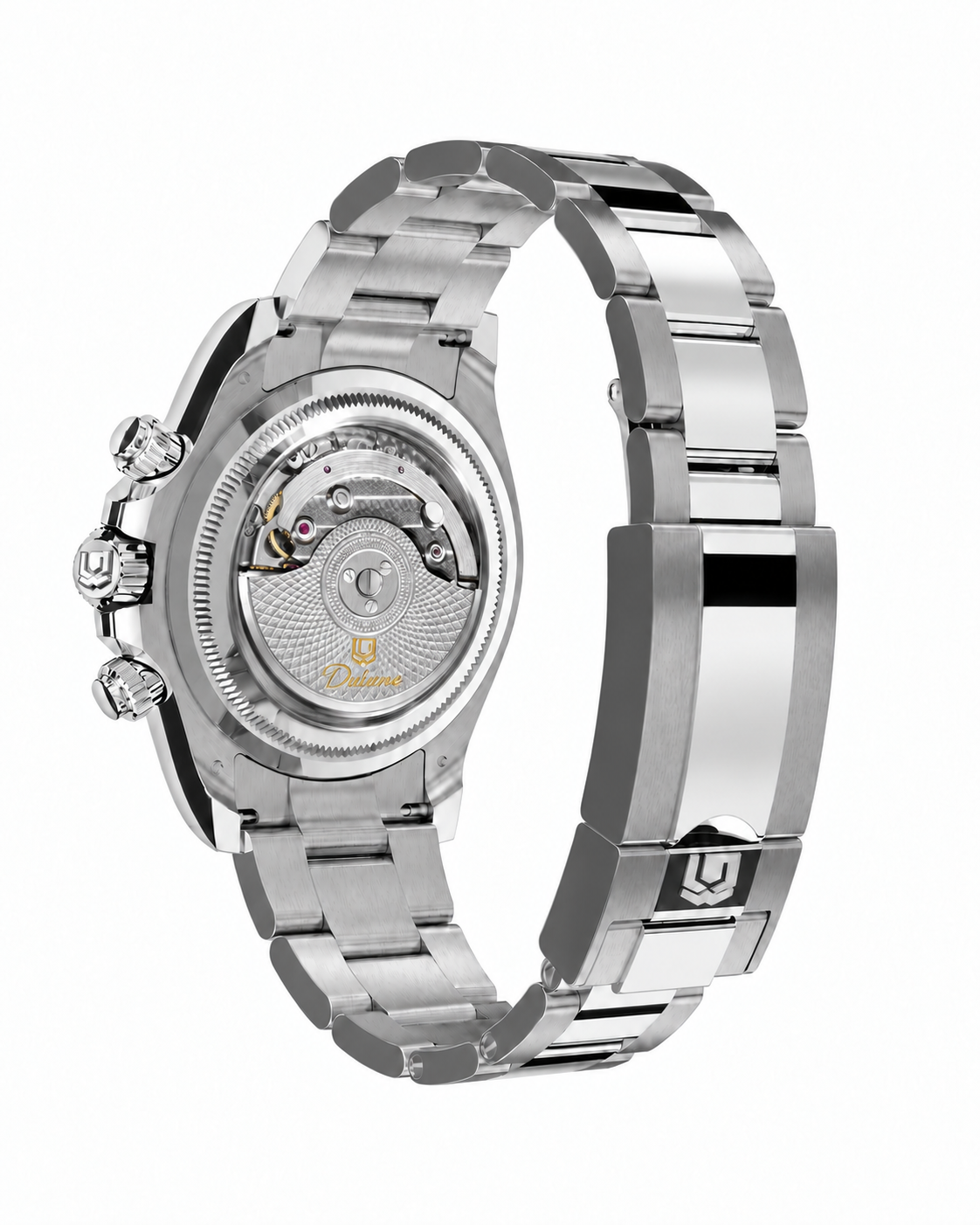 DAYTONA silver oyster closed — Rear view with closed folding clasp — AI-generated case-study image