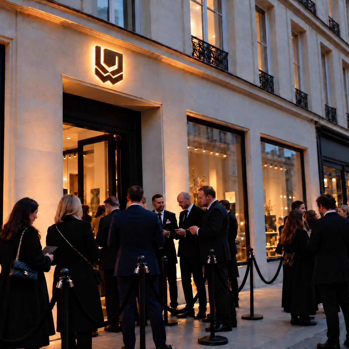 Maison Dulune shield emblem illuminated above a limestone entrance at dusk.